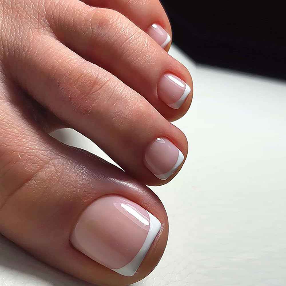 Mornery 24Pcs French Tip False Toenails - Short Square Nude Pink Fake Toe Nail/White French Tip Press on Toenails - Acrylic Full Cover Fake Toenails Nail Art Set for Women Girls (Pink & White Toenails)