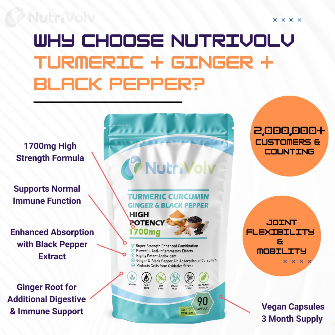 NutriVolv Turmeric Curcumin 1700mg with Ginger & Black Pepper – 90 Vegan Capsules | High Strength Joint Care Supplement | Natural Anti-Inflammatory & Antioxidant for Mobility, Digestion & Immune Health