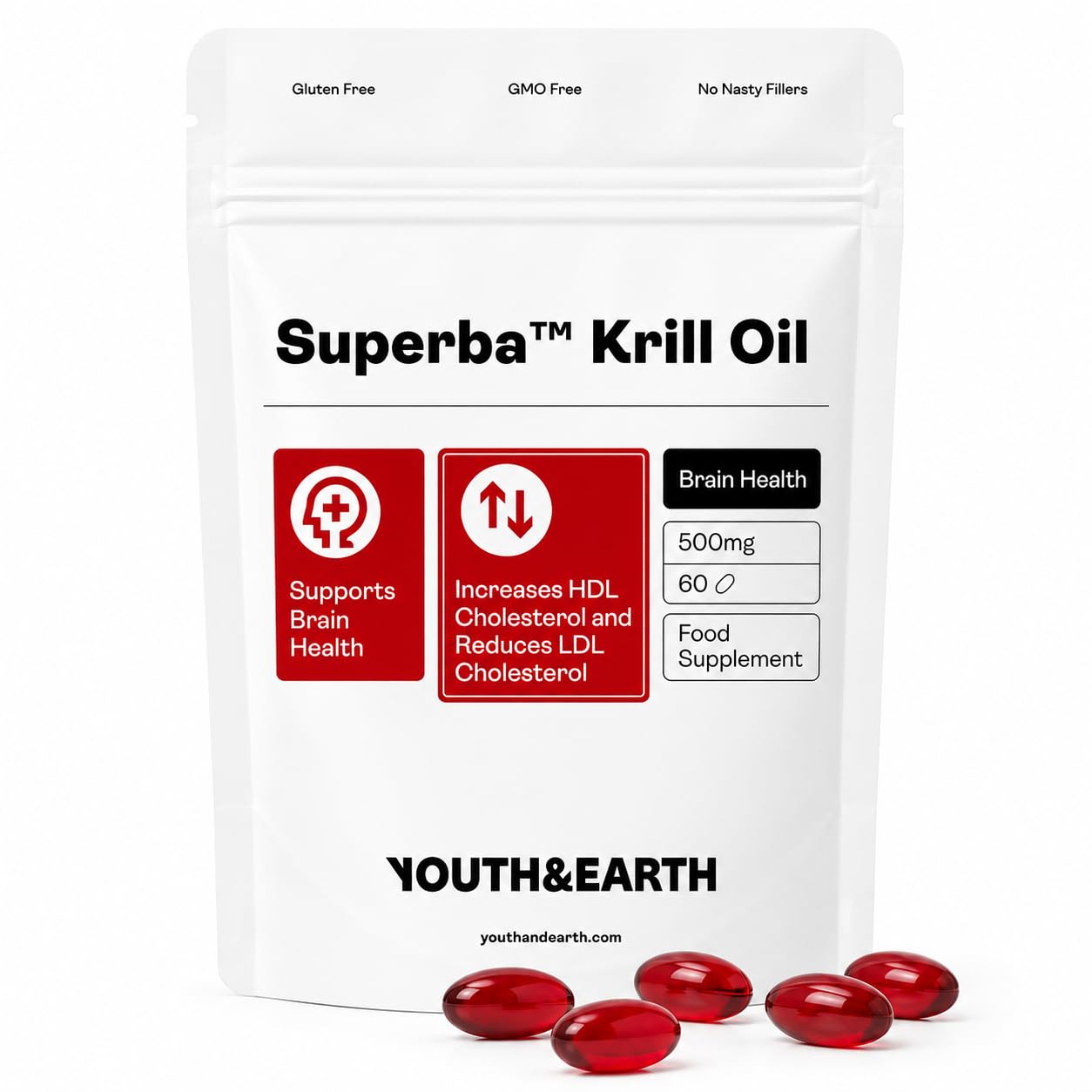 Youth & Earth Superba™ Red Krill Oil 500mg - Astaxanthin & EPA DHA Omega 3 Supplements for Brain Health, Heart Support & Cholesterol Management | 60 Softgels