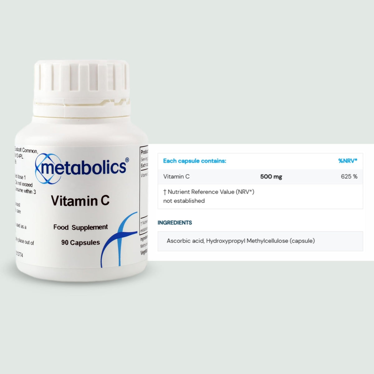 Vitamin C Capsules by Metabolics | 500mg Vitamin C Per Capsule Providing 625% NRV | Pot of 90 Capsules Suitable for Vegans & Vegetarians- No Additives or Flowing Agents