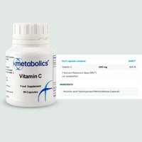 Vitamin C Capsules by Metabolics | 500mg Vitamin C Per Capsule Providing 625% NRV | Pot of 90 Capsules Suitable for Vegans & Vegetarians- No Additives or Flowing Agents