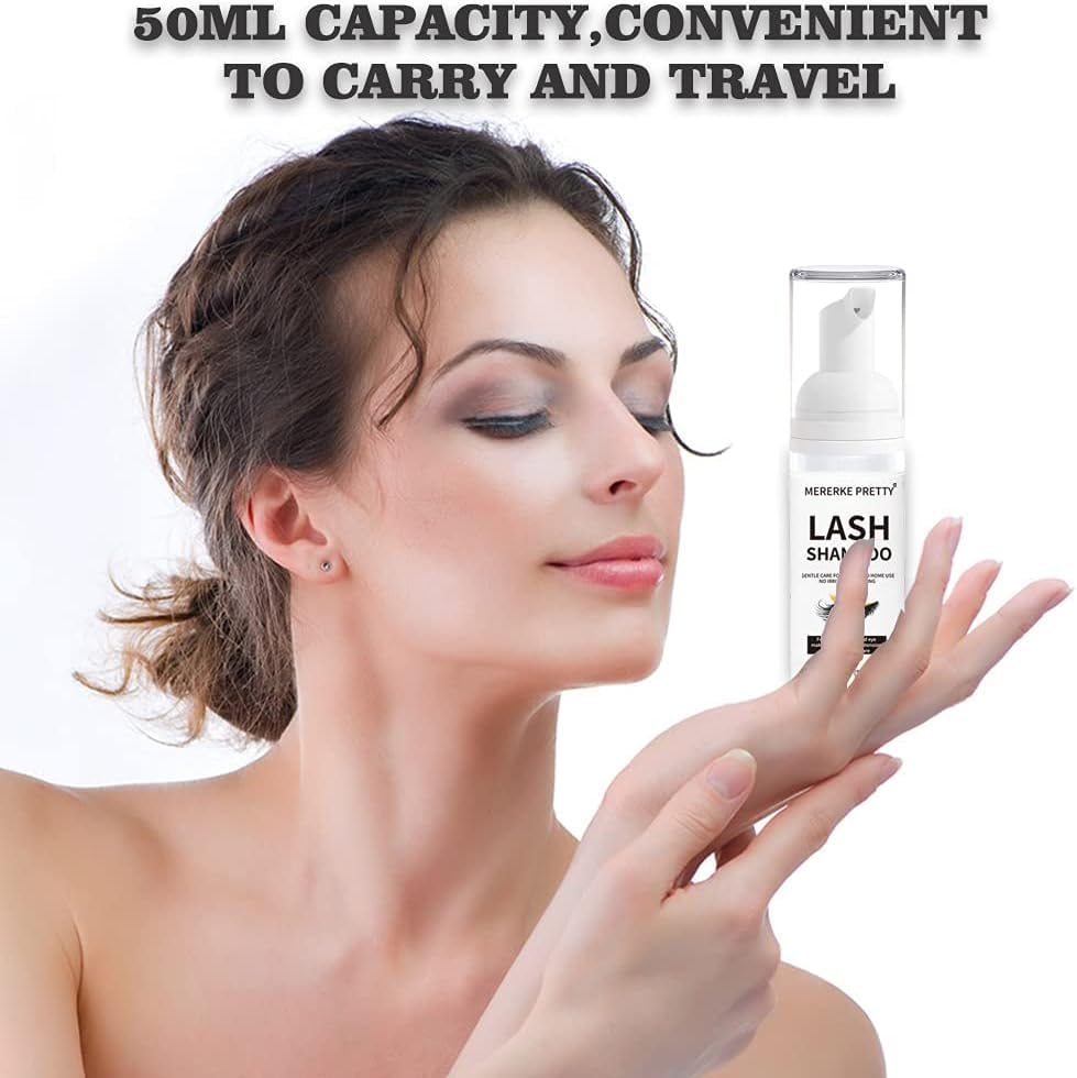 Mererke_Pretty Eyelash Extension Shampoo 60 ml + Brush - Eyelid Foaming Cleanser - Sensitive Paraben & Sulfate Free - Eyelash Wash and Lash Bath for Extensions - Salon Use and Home Care