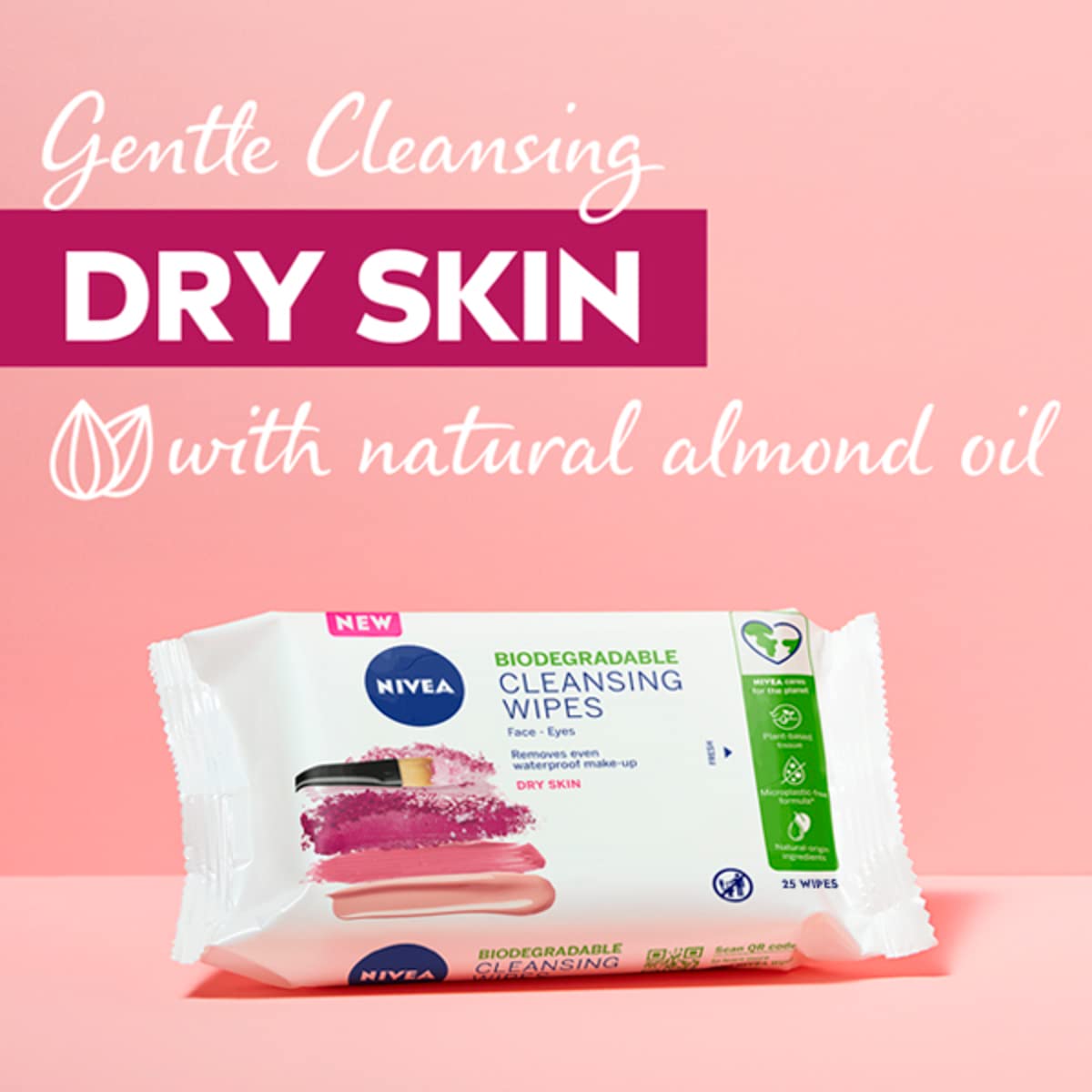NIVEA 3in1 Caring Cleansing Wipes Dry Skin (25 sheets), Plant-Based Biodegradable Wipes, Face Wipes for Dry Skin, Gentle yet Effective Make-Up Removal