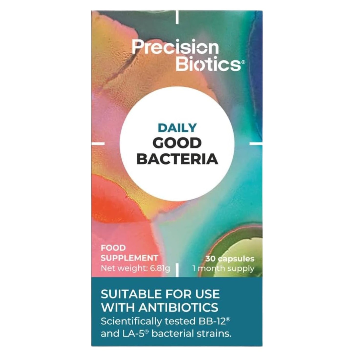 PrecisionBiotics Daily Good Bacteria - Daily Gut Health Probiotics Supplement - BB-12 and LA-5 Bacterial Culture Strains + FOS fibers - 30 Capsules