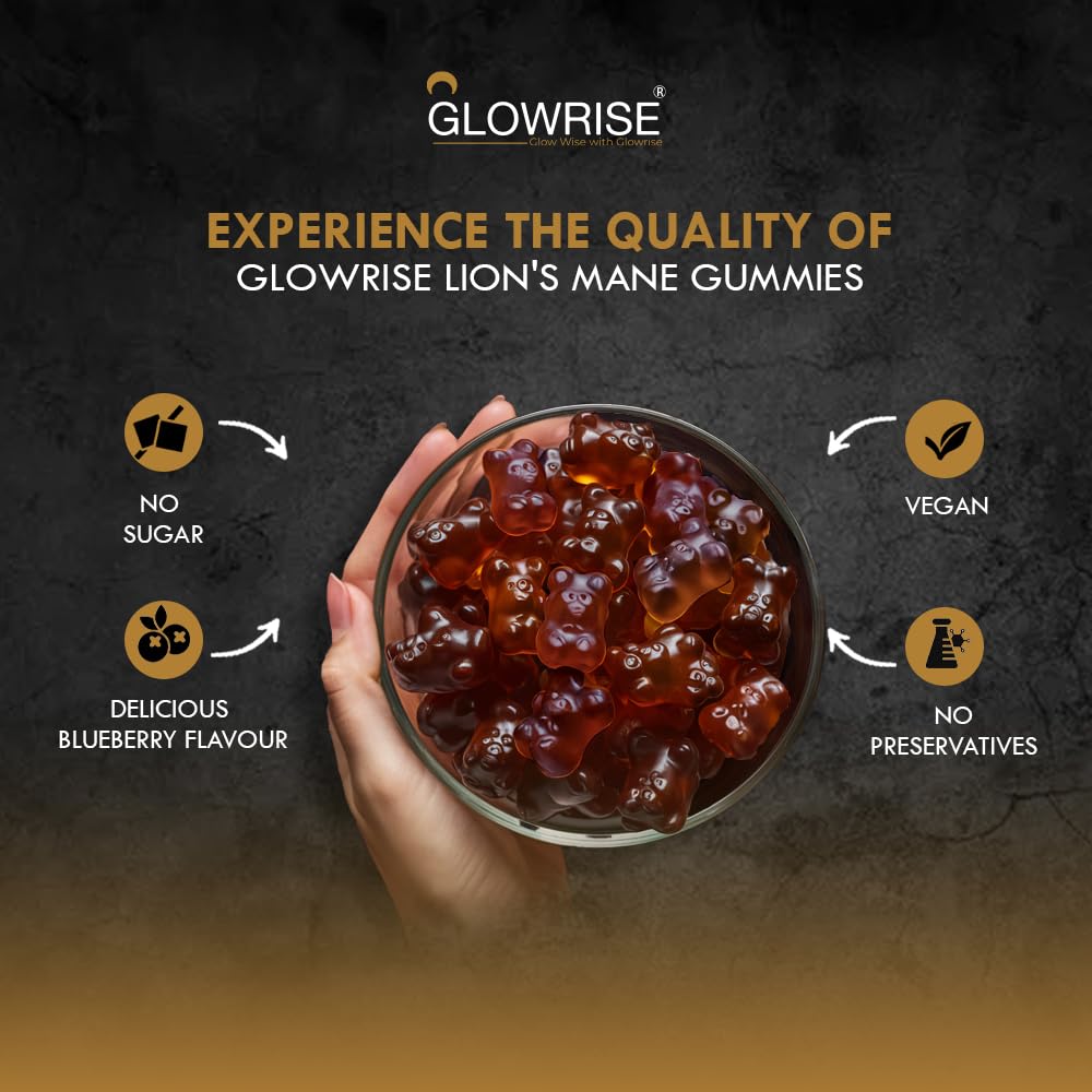 GLOWRISE Lions Mane Gummies 1000mg – Blueberry Flavor, Sugar-Free, Vegan & Halal - 60 Gummies (Two Months Supply)- (Not Powder or Capsules)