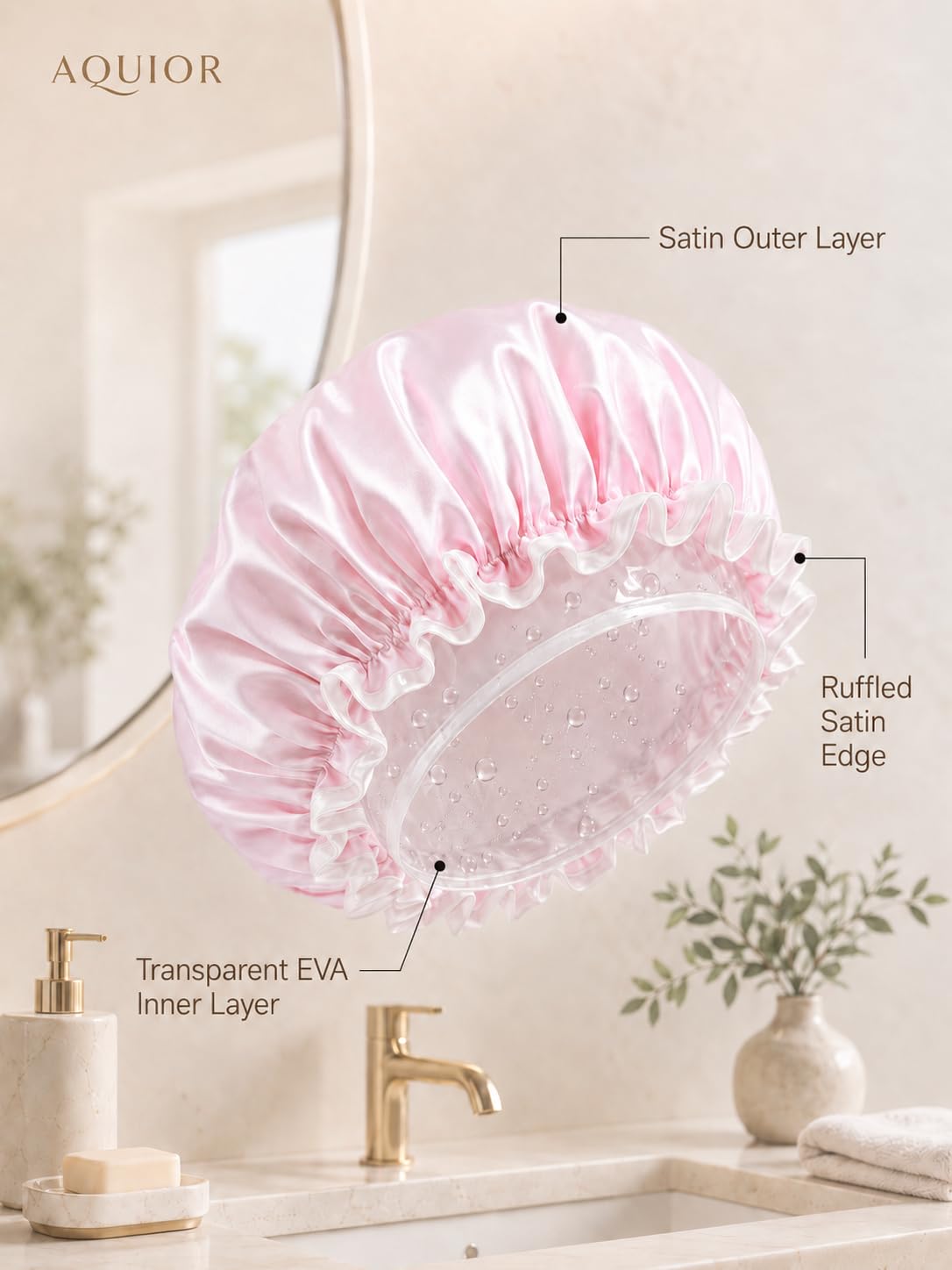Aquior Shower Cap Reusable Shower Cap for Women Double Layer Waterproof Large Size for All Hair Lengths for Girls Spa Home Salon (Pink Cloud)