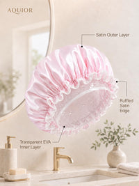 Aquior Shower Cap Reusable Shower Cap for Women Double Layer Waterproof Large Size for All Hair Lengths for Girls Spa Home Salon (Pink Cloud)