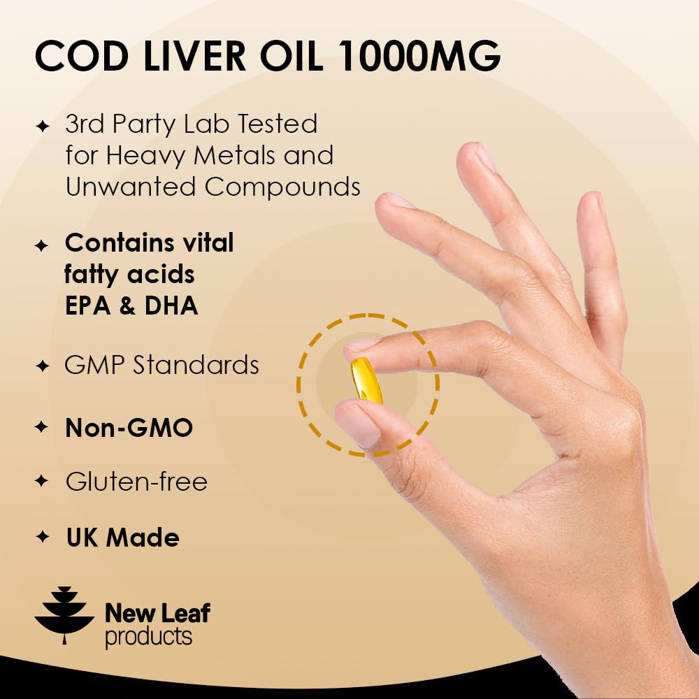 Cod Liver Oil Capsules 1000mg - 90 Cod Liver Capsules High Strength Softgels- Cod Liver Oil Rich in Omega 3 EPA DHA Fatty Acids + Vitamins A & D, High Strength Fish Oil - UK Made, by New Leaf