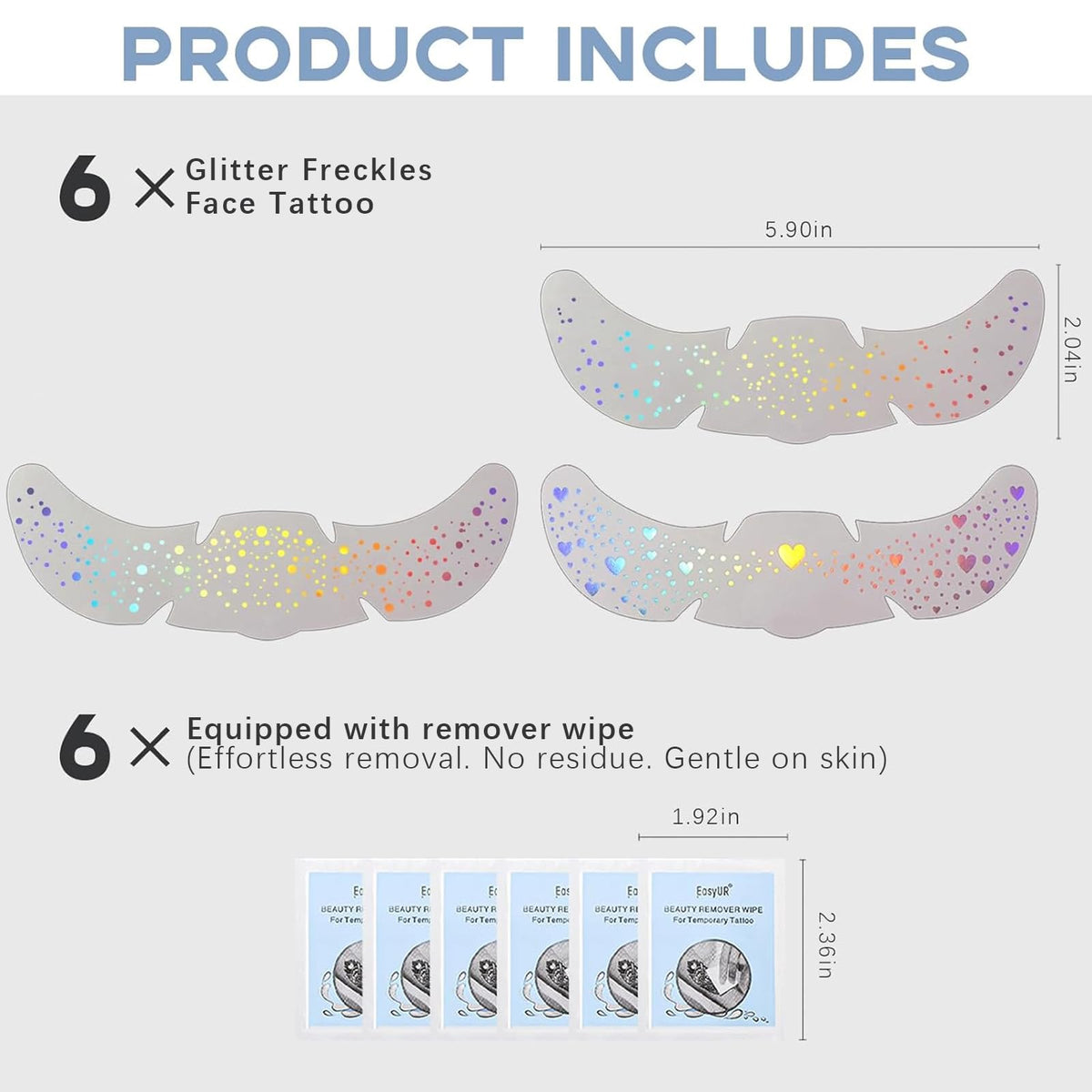 Noerrors 6pcs Glitter Freckles Face Tattoo, 3 Styles Multichrome Holographic Sparkle Face Glitter Speckles Patches, Waterproof Metallic Cute Temporary Tattoo Stickers Makeup Festival Rave Accessories