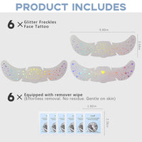 Noerrors 6pcs Glitter Freckles Face Tattoo, 3 Styles Multichrome Holographic Sparkle Face Glitter Speckles Patches, Waterproof Metallic Cute Temporary Tattoo Stickers Makeup Festival Rave Accessories
