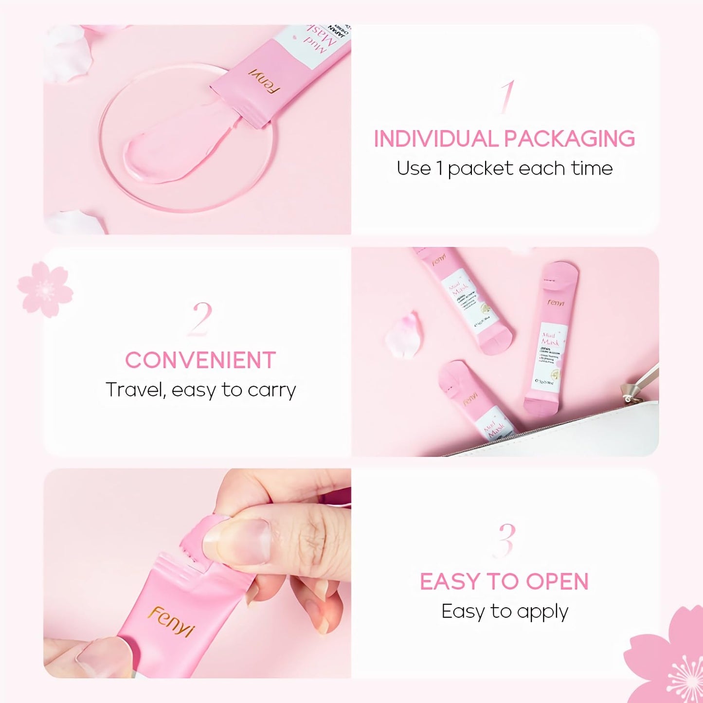 mercham 10 PCS Cherry Blossom Clay Mask, Deep Cleanse Mud Mask, Hydrating, Fade Fine Lines, Pore Tightening Pink Clay Face Masks, 100% Vegan Face Masks Skincare for All Skin Types 5ML*10