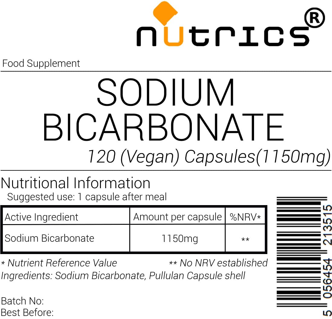Nutrics® 1150mg Sodium Bicarbonate 100% Pure V Capsules - Suitable for Vegan Vegeatarian Halal & Kosher (120 Capsules 6 Month Supply)