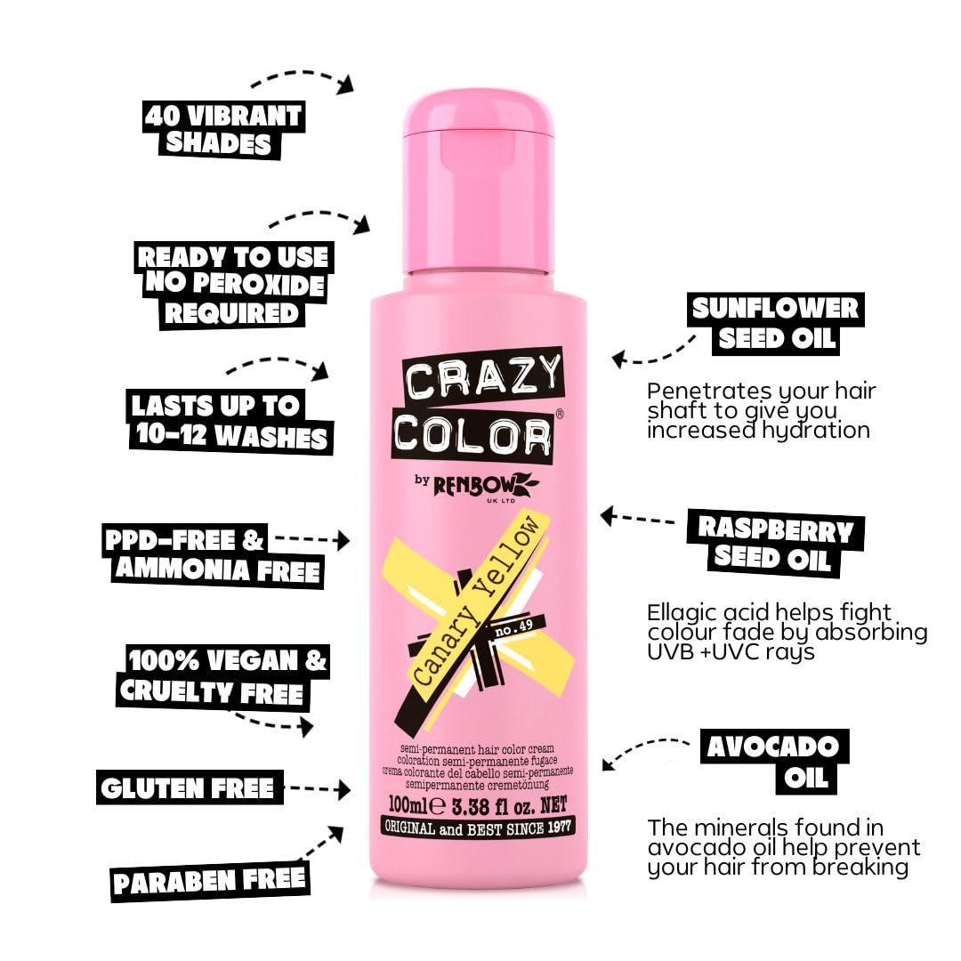 Crazy Color Vibrant Canary Yellow Semi-Permanent Trio Hair Dye. Highly Pigmented Bright Yellow Conditioning & Oil Nourishing Vegan Formula | No Bleach or Ammonia | 300ml