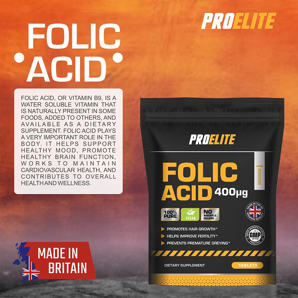 Folic Acid Tablets 400 mcg - 90 Vegan Vitamin B9 Tablets Folic A 400�g Pregnancy Care - Normal Function of Immune System and Reduce Tiredness and Fatigue - Made in The UK by PROELITE