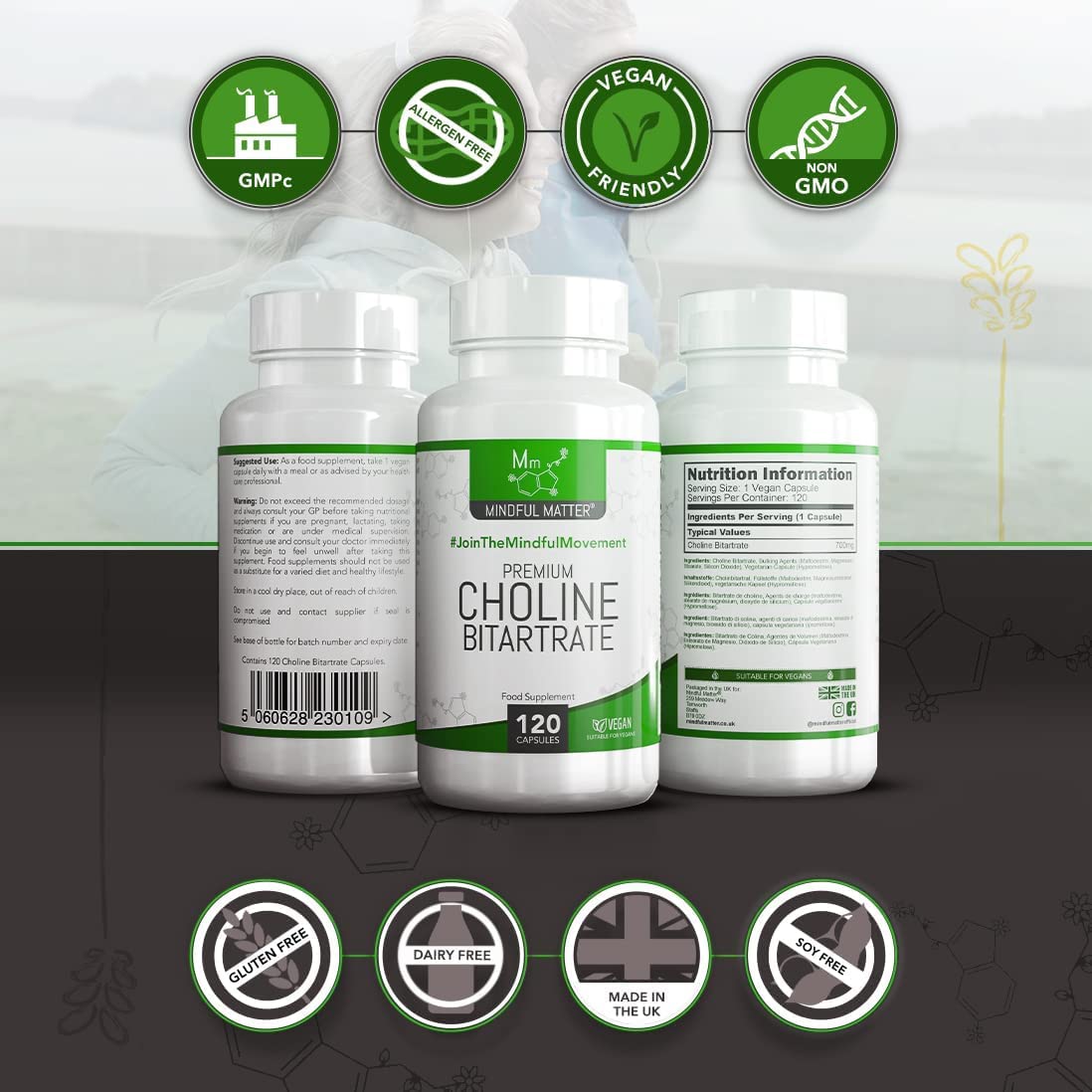 Mindful Matter MM Choline | 120 High Strength Vegan Choline-Supplement Capsules - 700mg Coline Bitartrate per Serving | Non-GMO, Gluten & Allergen Free | Manufactured in the UK