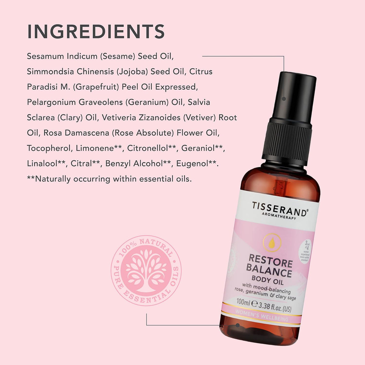 Tisserand Aromatherapy - Restore Balance Body Oil - Perimenopause, Menopause & Menstruation Support for Women - Rose, Clary Sage & Geranium - 100% Natural Essential Oils - 100ml