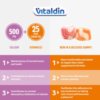 VITALDIN Calcium + Vitamin D3 Gummies – 500 mg Calcium & 1.000 IU Vitamin D per Serving – 60 Chewable Gummies (1-Month Supply); Fruit Flavour – Bone & Teeth Support – Gluten Free – for Kids & Adults