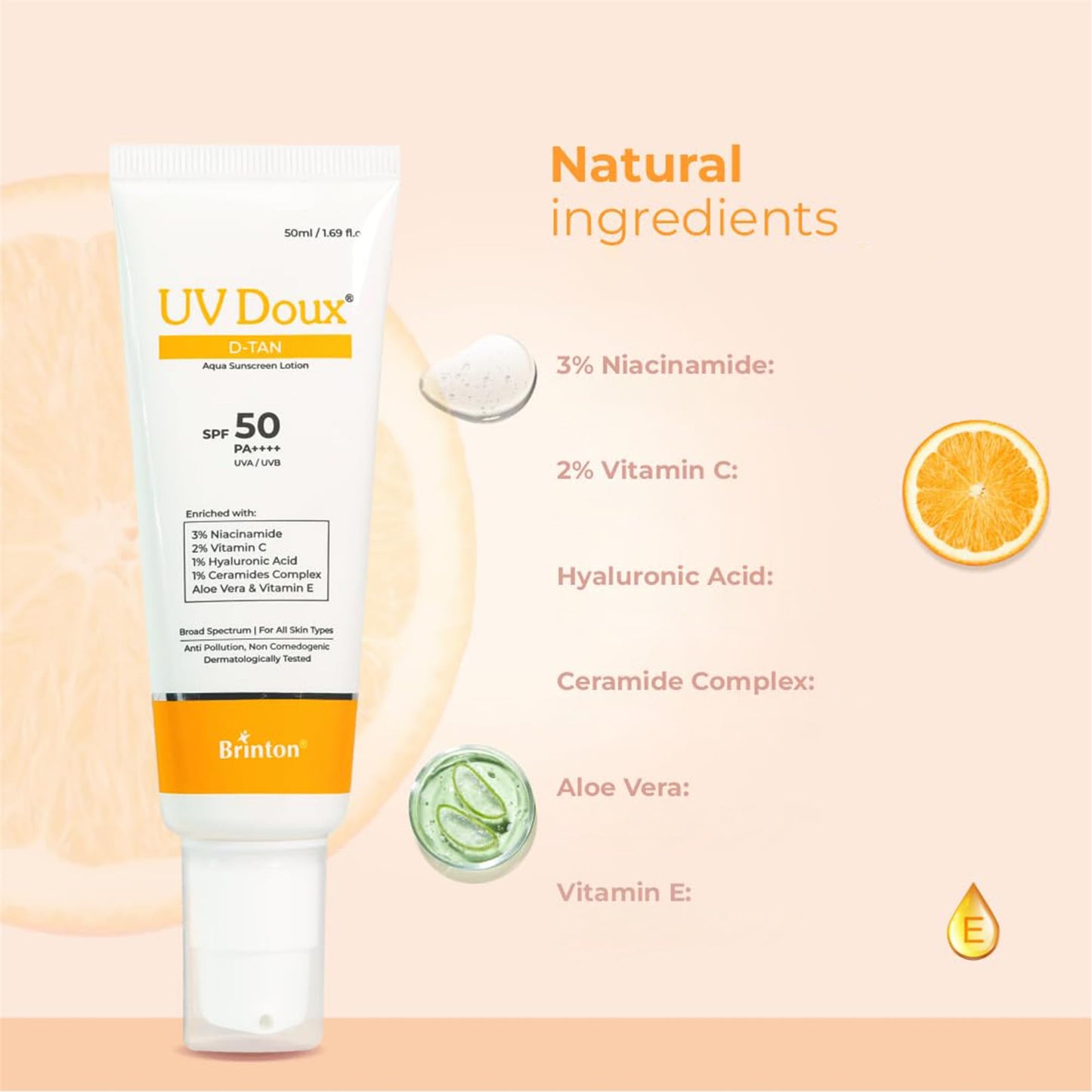 Brinton UV Doux D-Tan Aqua Sunscreen Lotion SPF 50 PA++++ 8-Hour Hydration with Niacinamide and Vitamin C 50 ml