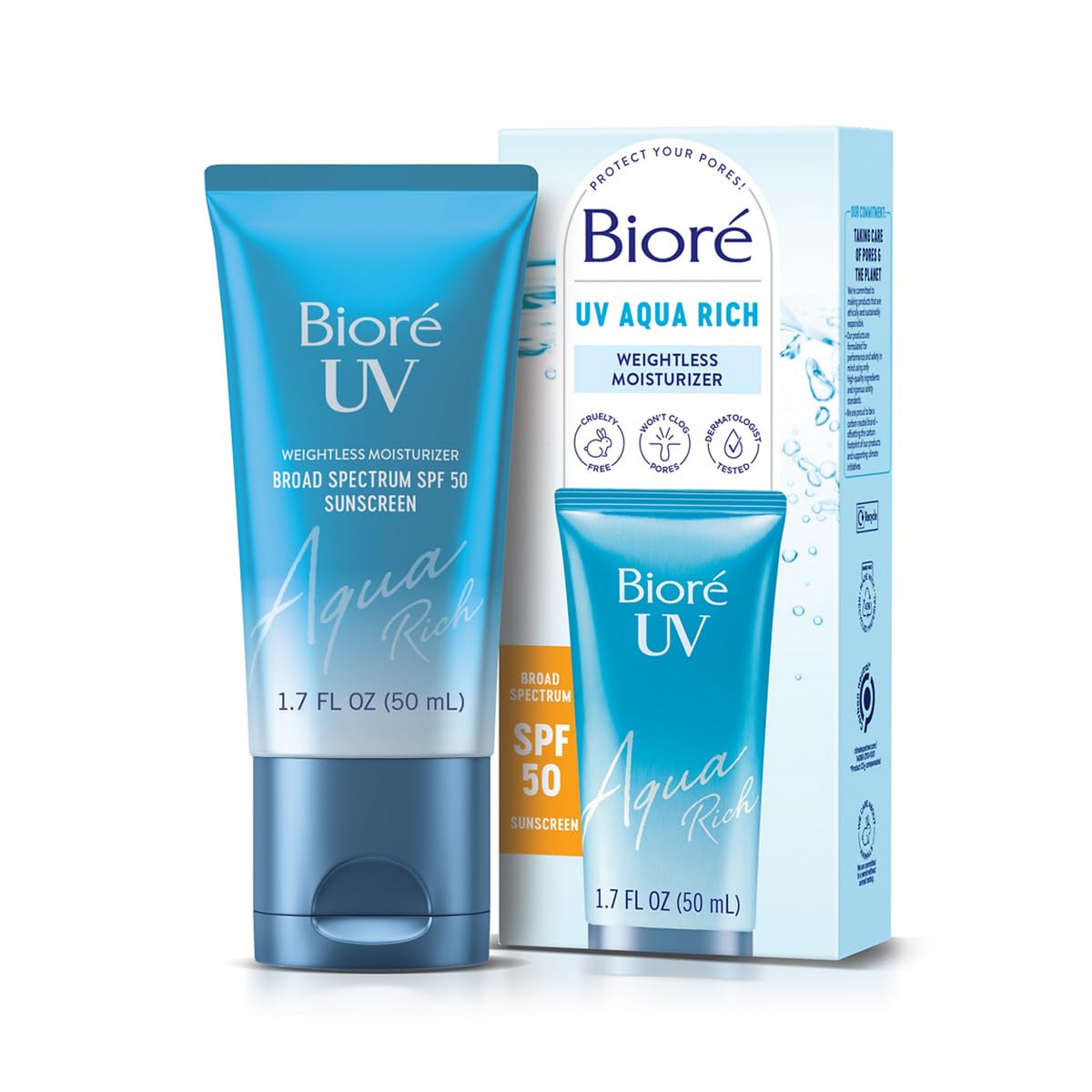 Bioré Biore SPF 50, Aqua Rich UV Watery Essence, Invisible High Protection, Hydrates With Hyaluronic Acid, No White Cast, Non Oily Sun Cream, Japanese Sunscreen, 50ml