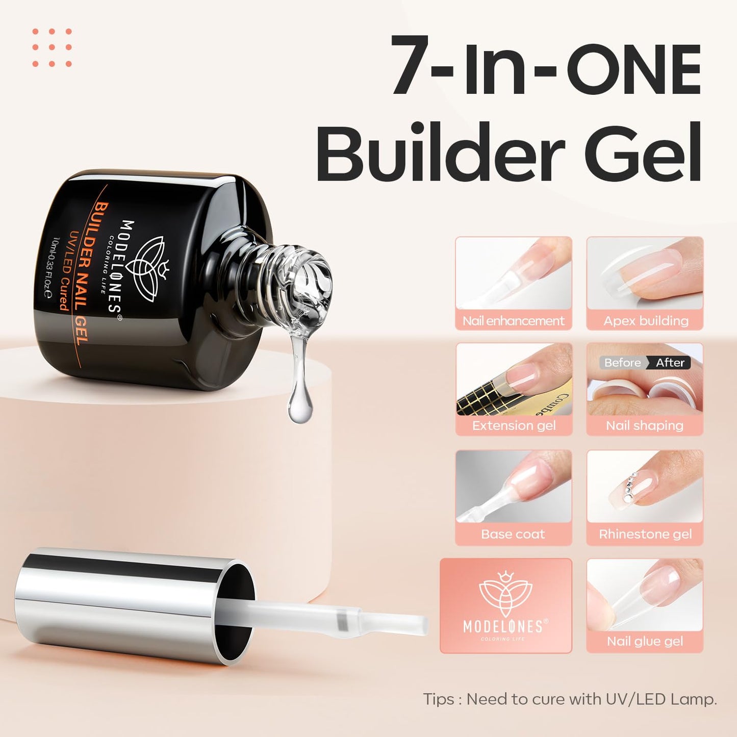 Modelones Builder Gel Set, 2 Pcs 10ml Clear Gel Builder for Nail, Nail Strengthener Builder Nail Extension Gel Builder Gel in a bottle, LED Nail Lamp Cured Hard Gel