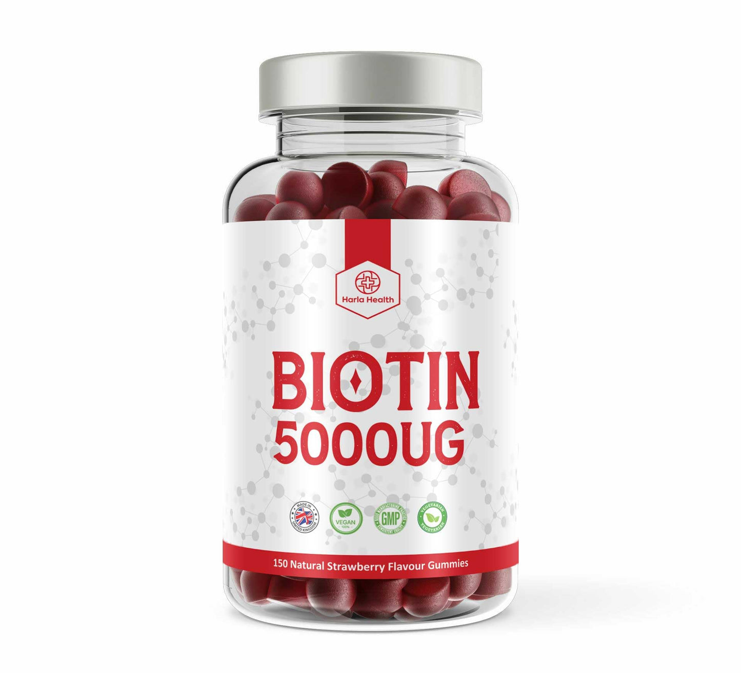 Biotin 5000ug - Hair, Skin & Nail Growth Support -150 Natural Strawberry Flavour Gummies - 5 Months Supply - Suitable for Vegetarians & Vegans - Harla Health - Made in The UK - GMP Codes of Practice
