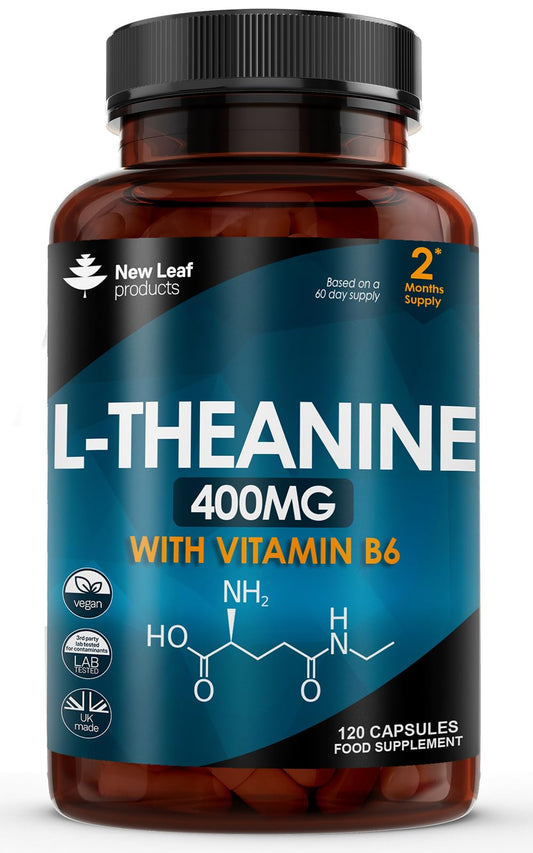 L Theanine Enriched with Vitamin B6 - High Strength L Theanine 400mg Natural Nootropics from Green Tea - 120 Vegan L-Theanine Capsules - Made in The UK Theanine Supplements by New Leaf