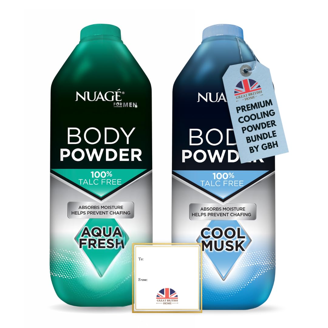 Great British Home New Nuage Talc Free Body Powder for Men Bundle – 250g Cool Musk & 250g Aqua Fresh – 2 Pk Talc Free Powder for Women & Men – Anti-Chafing & Fresh Skin by GBH