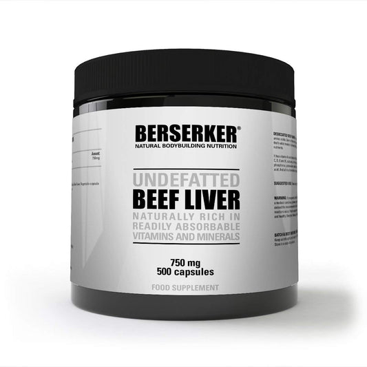 Berserker Desiccated Beef Liver 750mg 500 Capsules Un-defatted Meaning Full Absorption of Naturally Occurring Vitamins and Minerals Found in Beef Liver. Made in The UK.