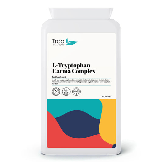 Troo Health Care L-Tryptophan Carma Complex 120 Vegan Capsules - Daily Supplement to Support Healthy Psychological Function - with Niacin, Vitamin B6 & Magnesium Bisglycinate