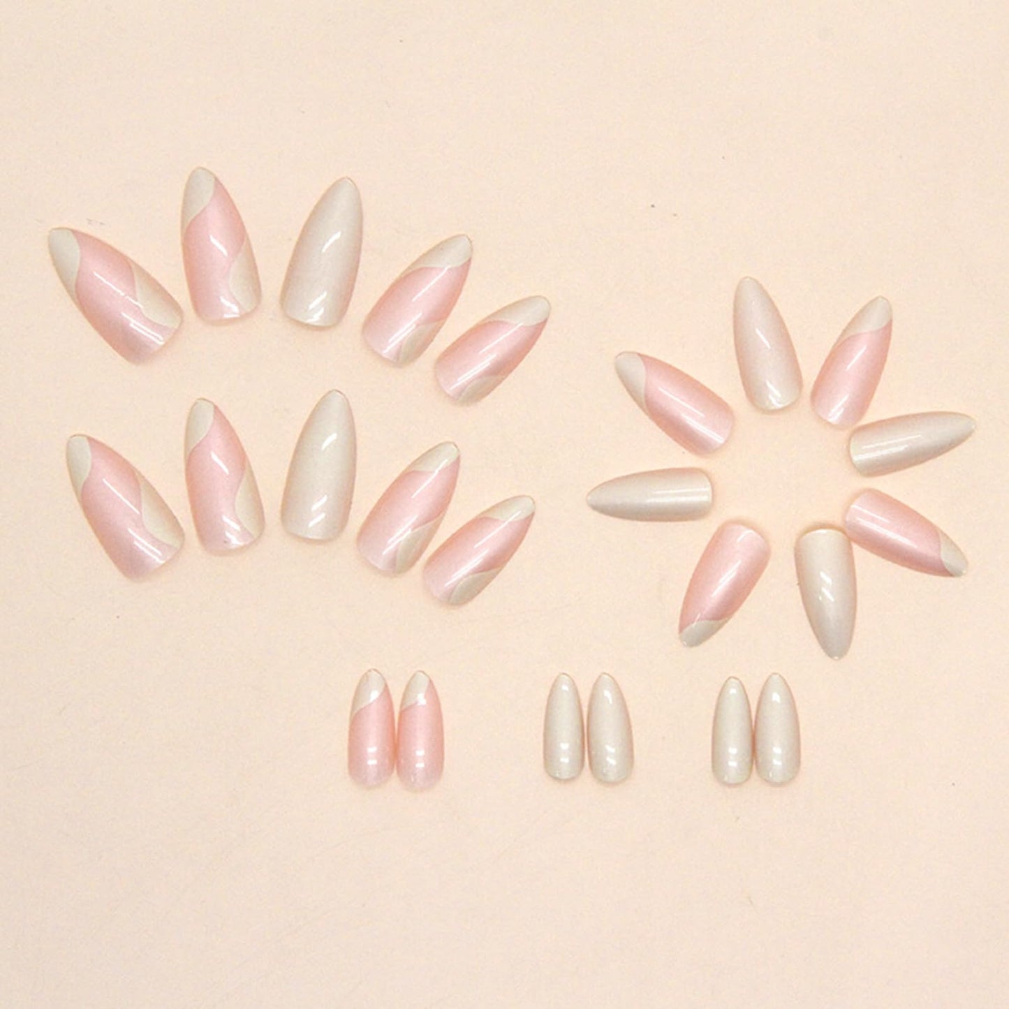 Ceboic 24Pcs Almond French Press on Nails Short, Yellow Glossy Acrylic French Tips Fake Nails, Ballerina False Nails with Waves Designs Full Cover Stick on Nail for Women and Girls