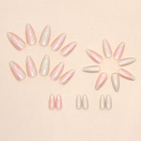 Ceboic 24Pcs Almond French Press on Nails Short, Yellow Glossy Acrylic French Tips Fake Nails, Ballerina False Nails with Waves Designs Full Cover Stick on Nail for Women and Girls