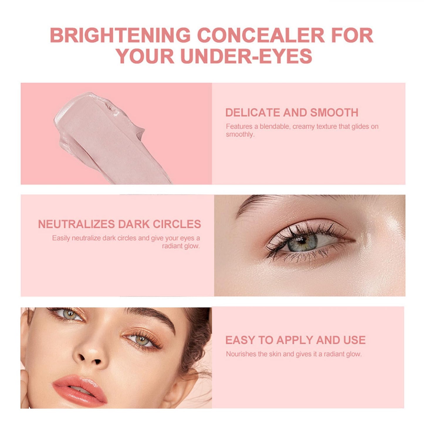QUIWEN Under Eye Brightener,Under Eye Concealer Full Coverage Eye Highlighter Foundation for Dark Circles,Spot,Long Lasting Under Eye Brightener Concealer,Colour Correcting Primer,Pink Cream Foundation