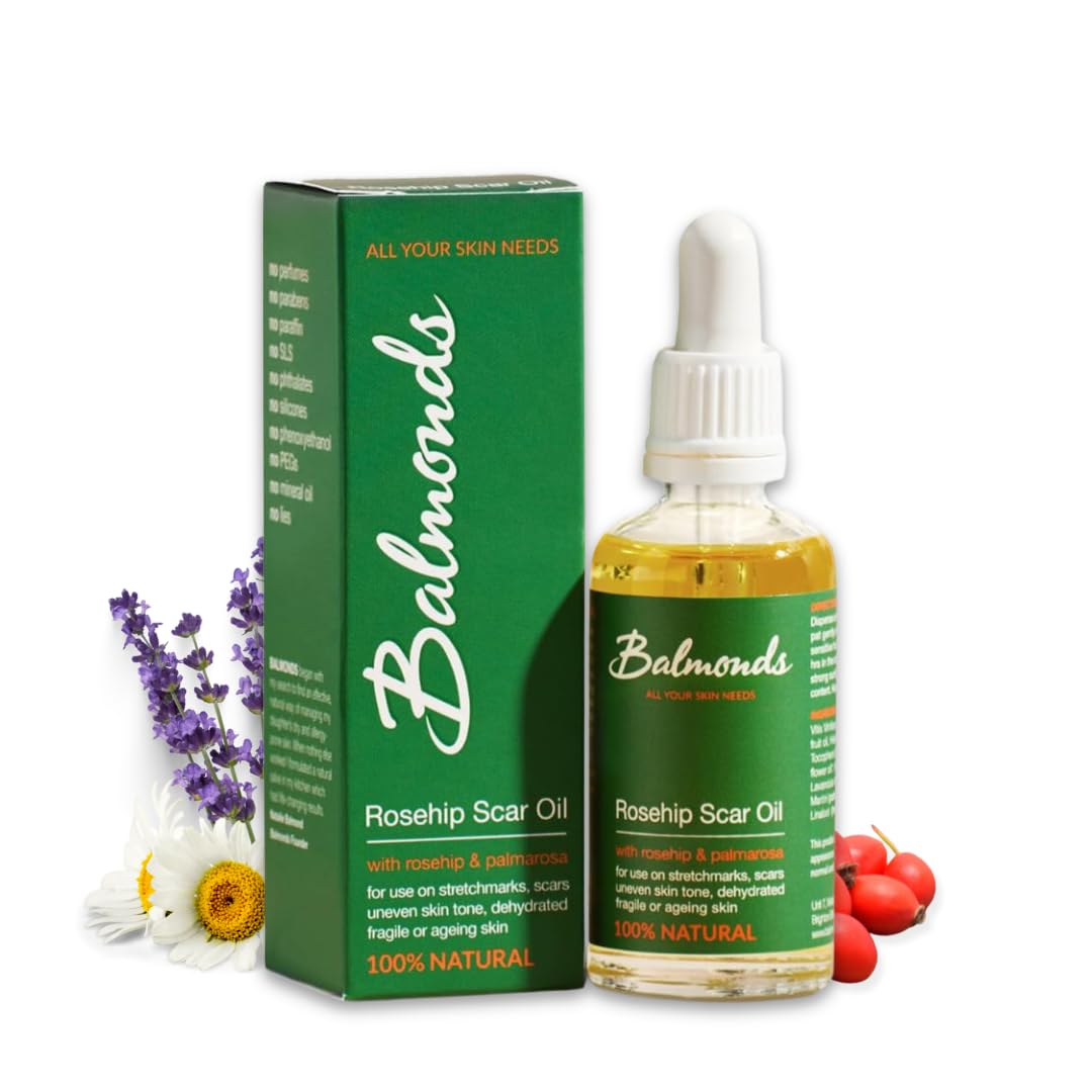 Balmonds Rosehip Scar Oil 50ml - 100% Natural Blend of Nourishing Oils - Helps Improve The Appearance of Scars, Uneven Skin Tone, Acne Scars & Stretch Marks - Hydrate, Nourish and Moisturise