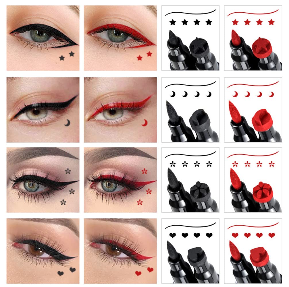 Eyeliner Stamp-OCHILIMA Double-sided Liquid Eyeliner Pen with Eye Makeup Stamp, Waterproof, Double Sided & Long Lasting Seal Tattoo Makeup Tool Red Black Stamp Pen (Red star Black love)