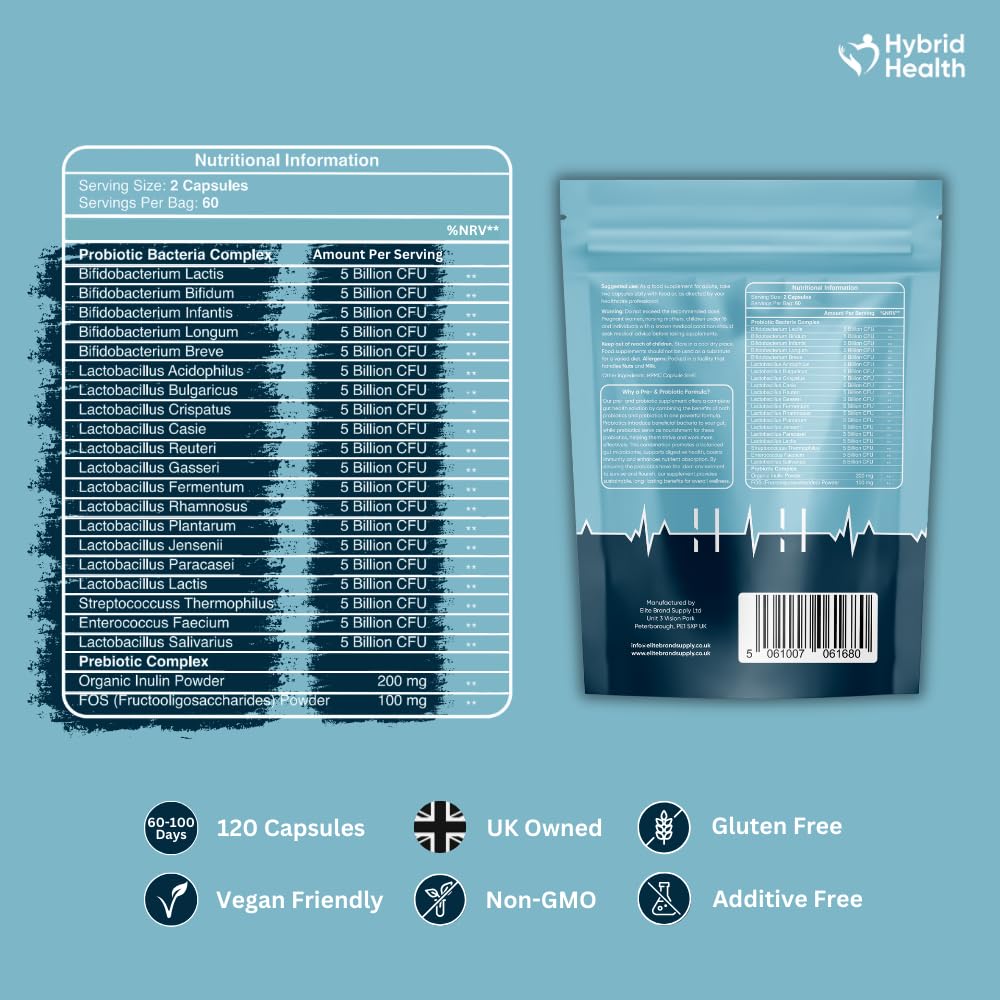 Hybrid Health Probiotics & Prebiotics Complex | 120 Vegan Capsules | 100 Billion CFU | Advanced Strength Probiotics with 20 Diverse Strains | Pre & Probiotics for Women and Men