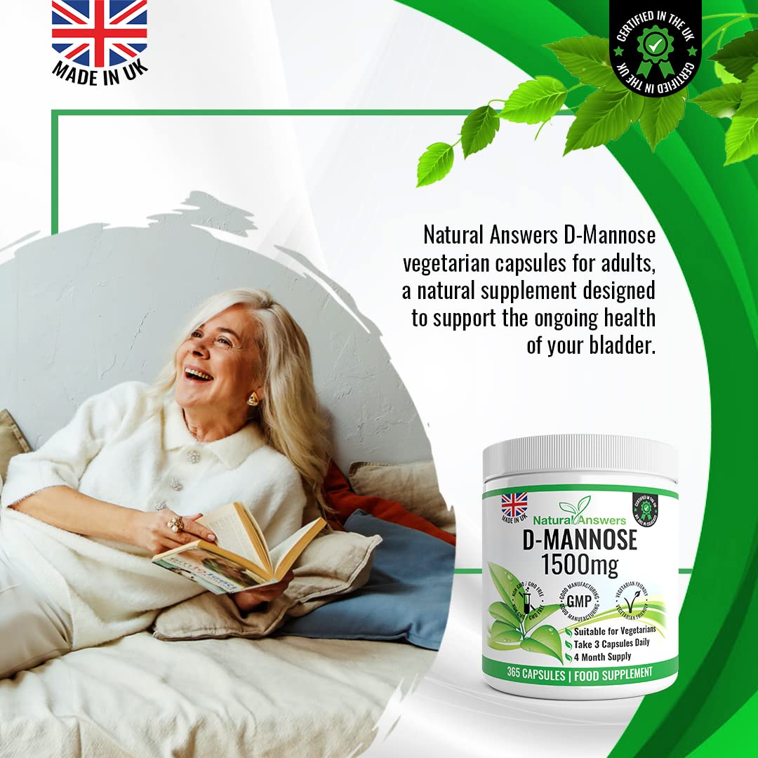 Natural Answers D-Mannose | 365 Capsules | Max Strength 1500mg per Serving - Precision DMannose - Vegetarian Capsules not Tablets or Pills, Made in The UK (365 Count (Pack of 1))