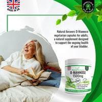 Natural Answers D-Mannose | 365 Capsules | Max Strength 1500mg per Serving - Precision DMannose - Vegetarian Capsules not Tablets or Pills, Made in The UK (365 Count (Pack of 1))