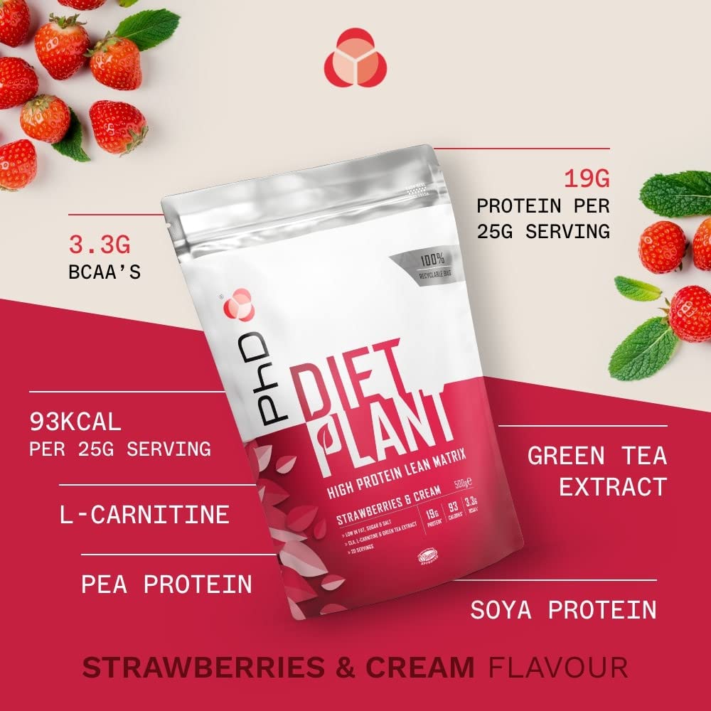 PhD Nutrition Diet Plant, Vegan Protein Powder Plant Based, Strawberries and Cream, 19g of Plant Protein, 20 Servings Per 500g Bag