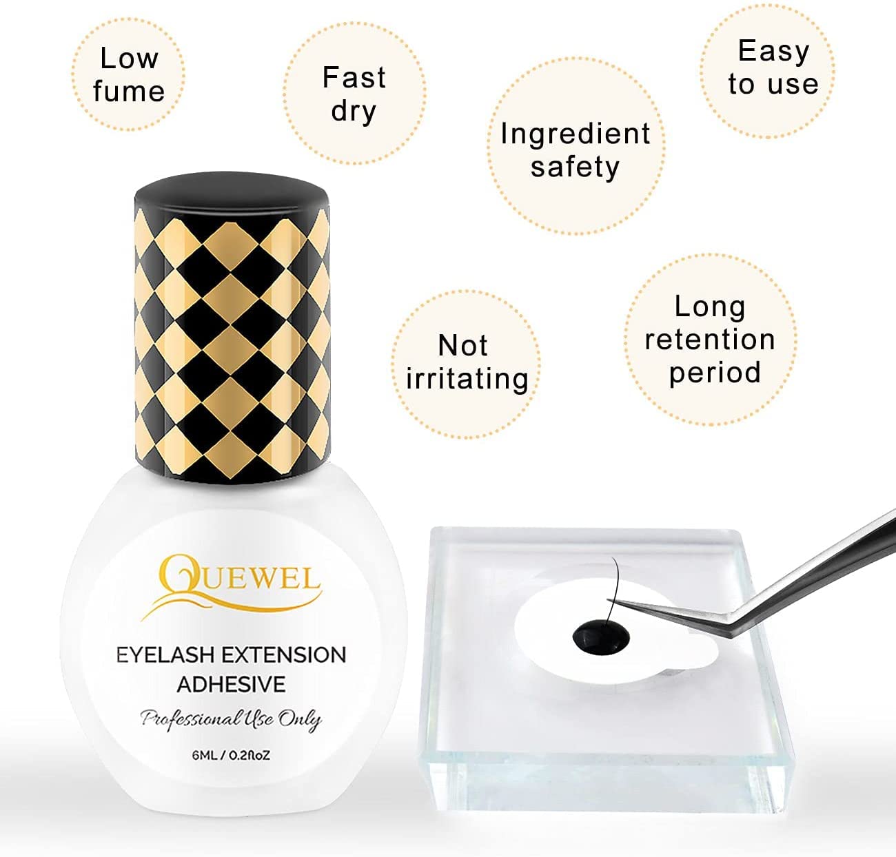 QUEWEL Eyelash Extension Glue 6ML Strong Black Lash Glue 1-2 Sec Quick Drying Professional Lash Extension Glue for Sensitive Retention 7-8 Weeks Eyelash Glue