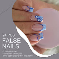 Generic Coffin Shaped Blue Wave Press On Nails With White Dot Accents - Medium Length Square False Manicure Set For Women Daily Wear And Special Events, Glossy Finish, Spring Summer Fashion, Easy Application