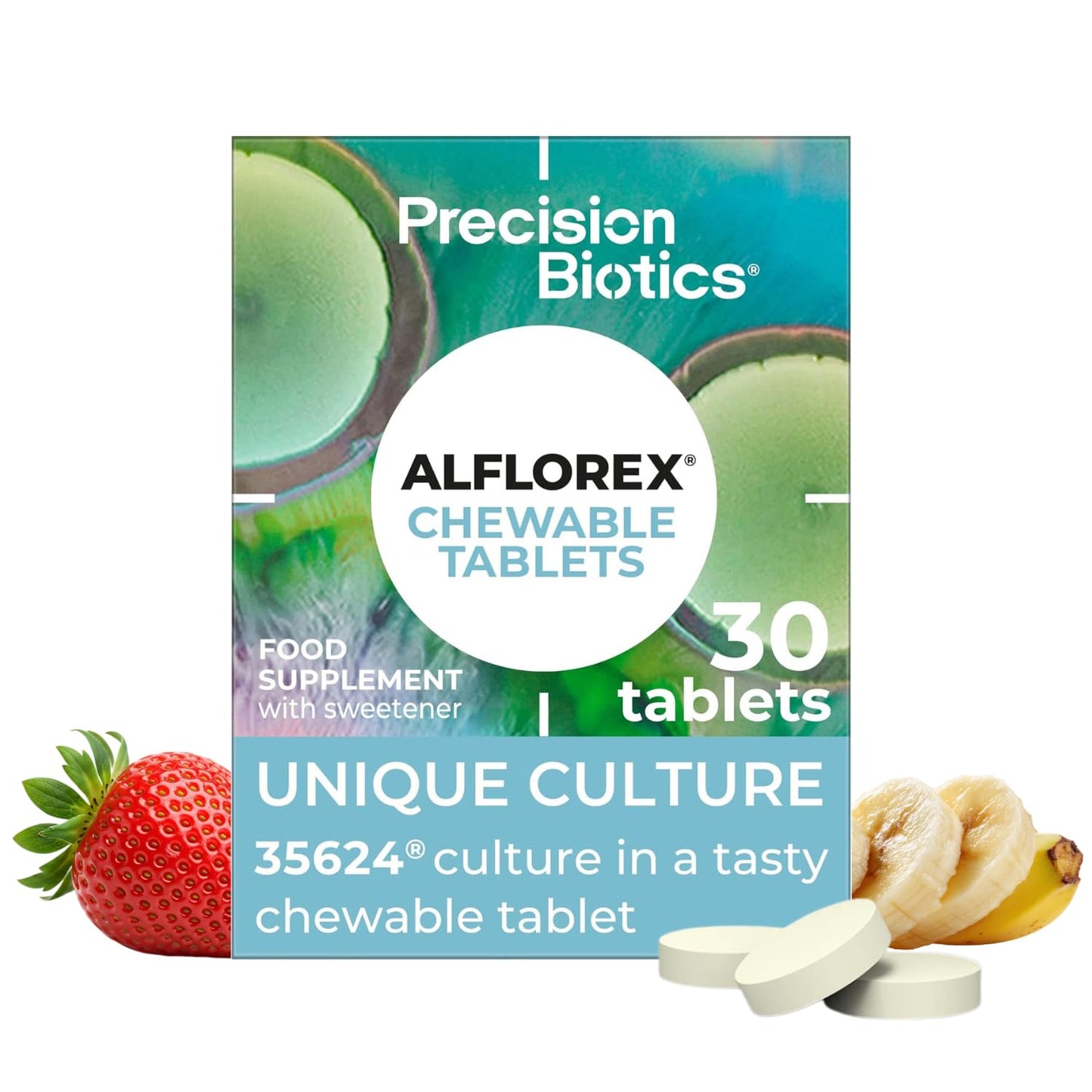 PrecisionBiotics Alflorex Chewable - Daily Gut Health Probiotics Supplement with Unique Bifidobacterium Longum Bacteria Strain 35624® - Bacterial Cultures - Strawberry & Banana Flavour - 30 Chewable Tablets