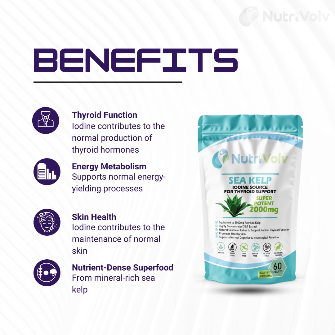 NutriVolv Nutrivolv Sea Kelp 2000mg Iodine Supplement - 60 Tablets - Source of Iodine Thyroid Improves Hair Growth, Skin & Immune System
