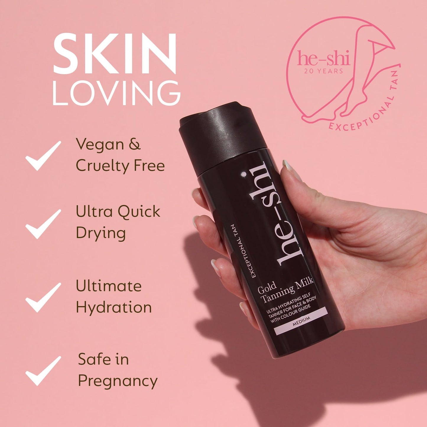 he-shi He-Shi Gold Tanning Milk 200ml - Lightweight Fake Tan Milk with Glycerine & Hyaluronic Acid for Silky Hydrated Skin, Medium Golden Glow - 96% Natural, Suitable for All Skin Types