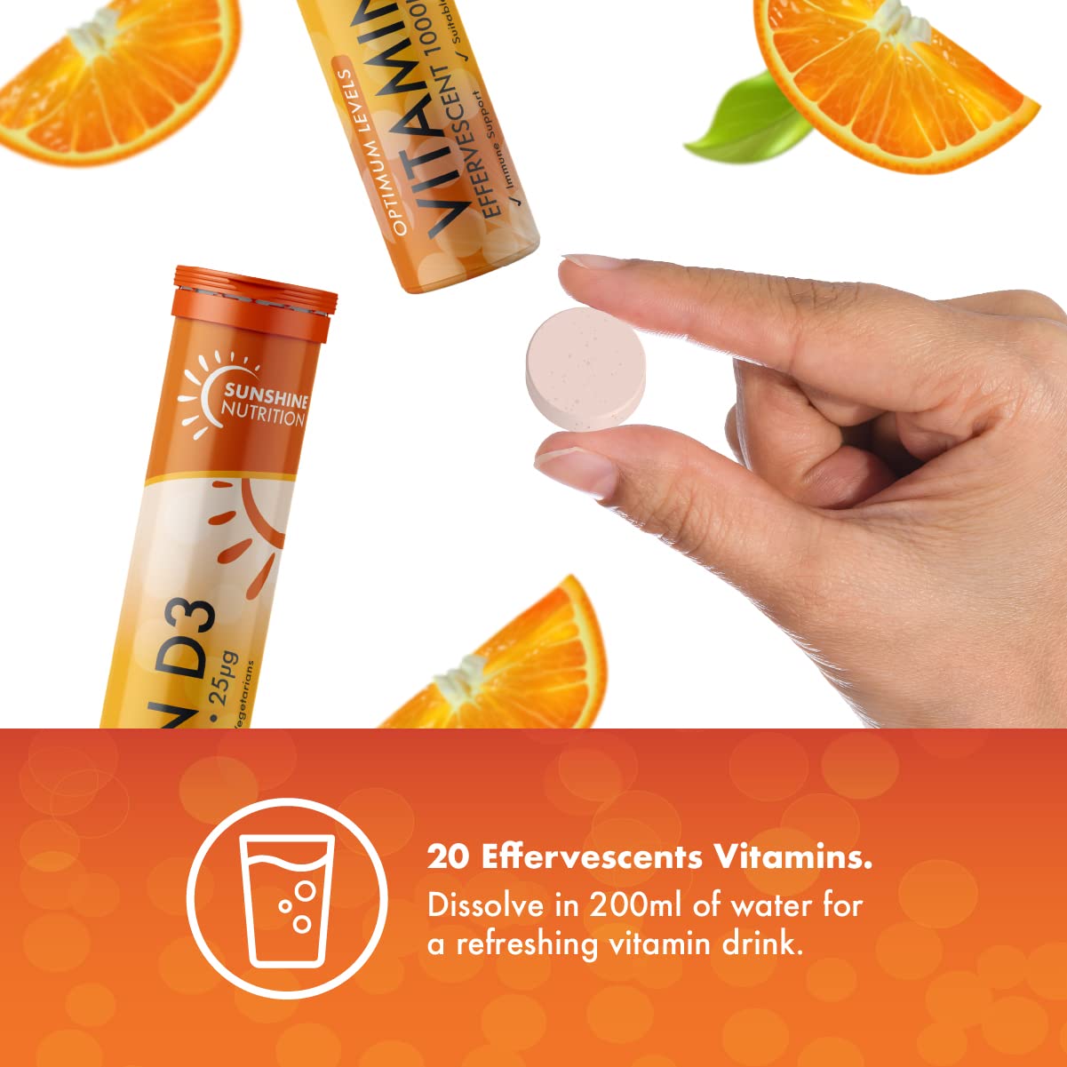 Sunshine Nutrition Vitamin D Effervescent Tablets - Dissolvable High Strength Vitamin D3-20 Vitamins Per Tube (2 Pack)
