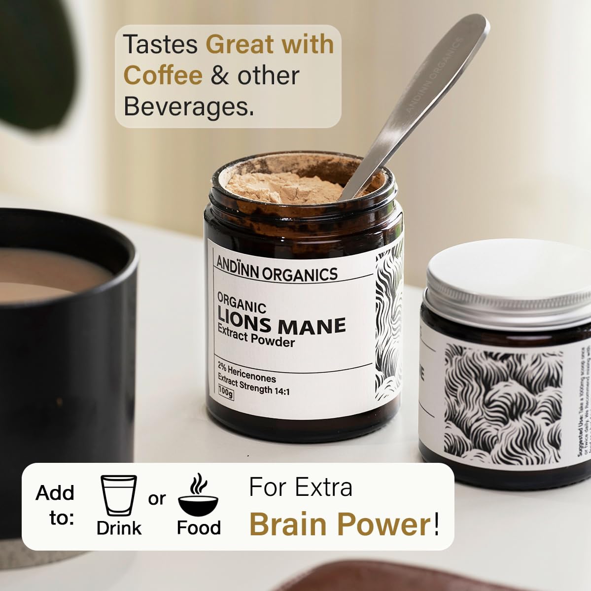 Andinn Organics Organic Lions Mane Mushroom Powder | 12X Strength | 3 Month Supply | Dual Extract Powder 23:1 | 6000mg | NGF | 1% Hericenones | 20% Polysaccharides