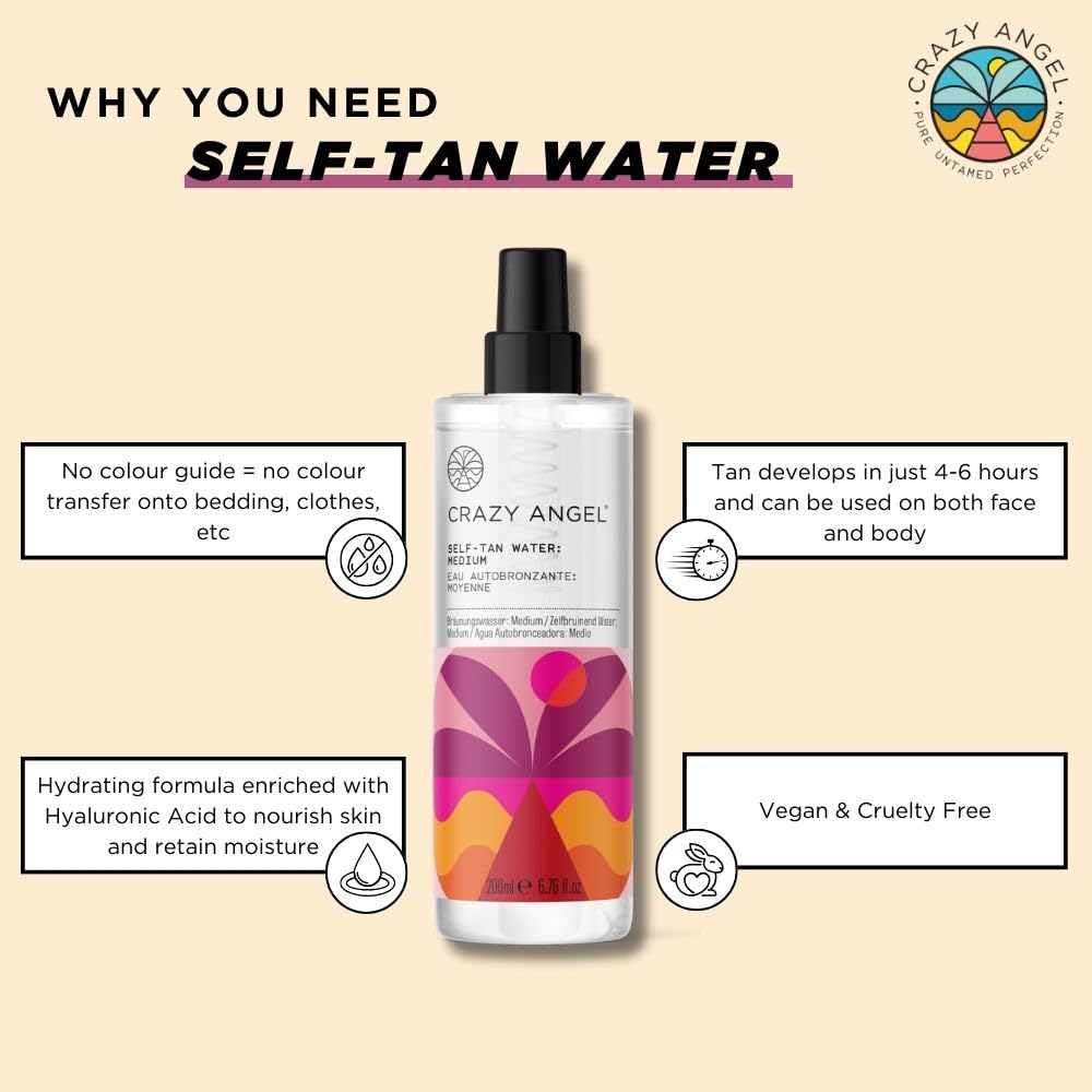 Crazy Angel Vegan Self-Tan Water (Buildable/Medium tan). Made in UK. 200ml.