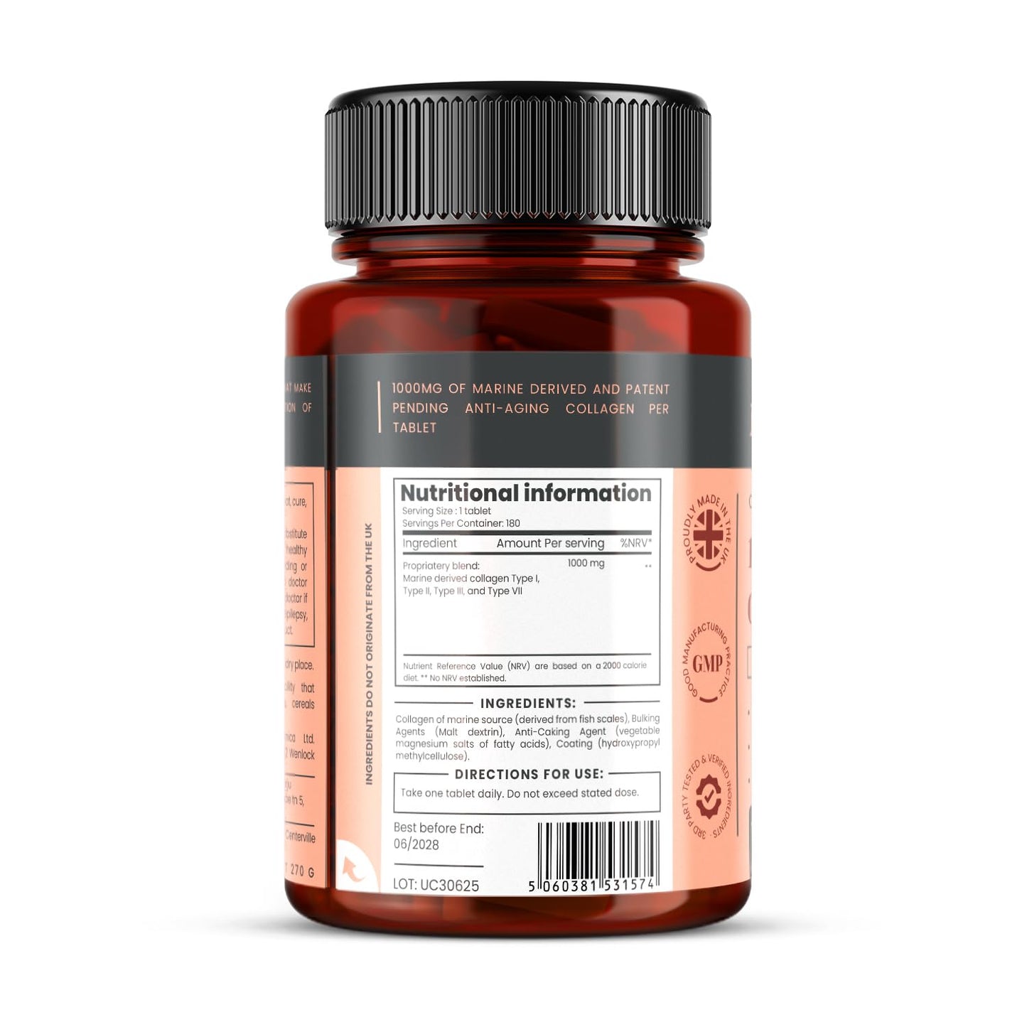 Pureclinica UltraColl Marine Collagen 1000mg x 180 Tablets (6 Months Supply). The only Patented Anti-Aging Collagen Types I, II, III, and VII.