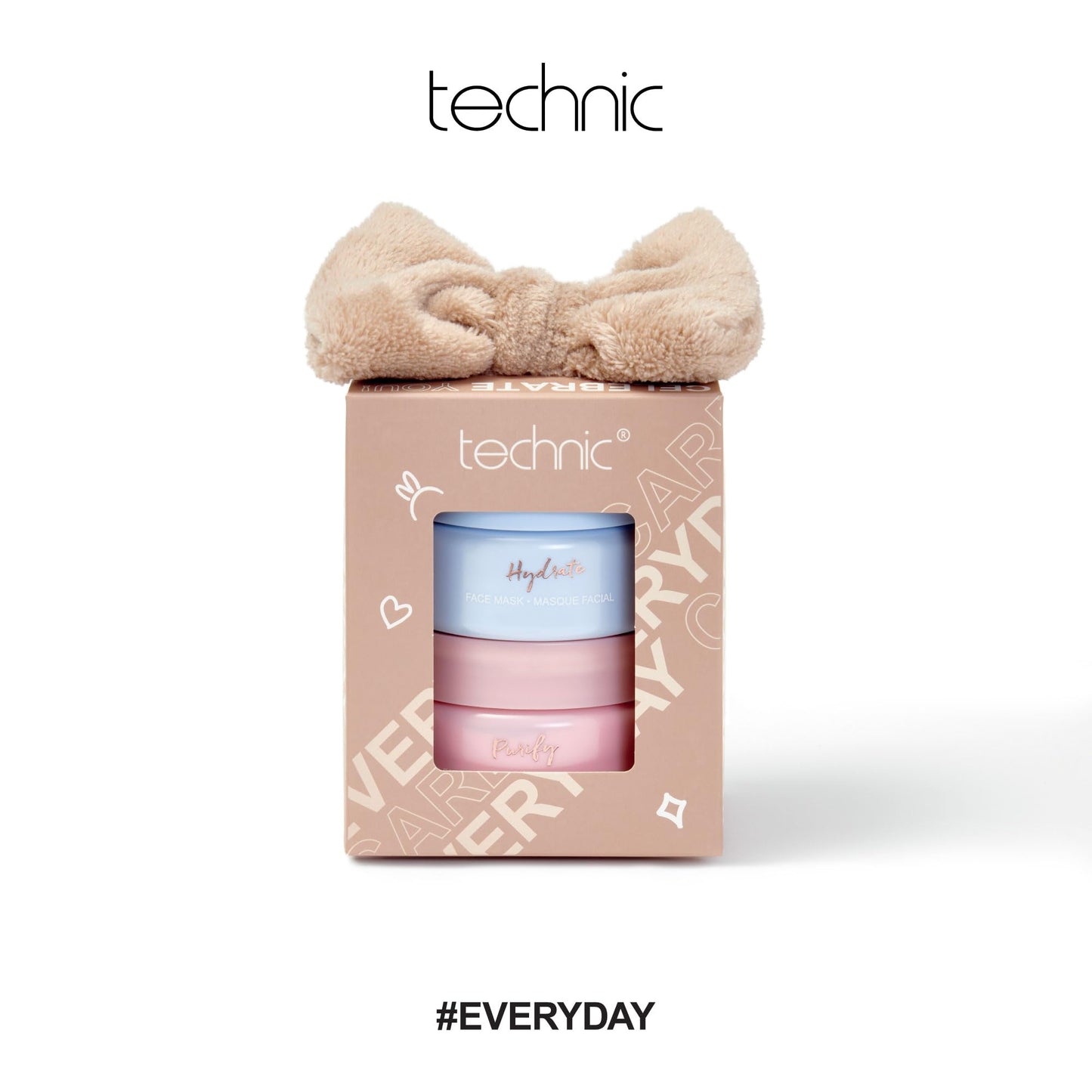 Technic Facial Skincare Gift Set - Hydrating Hyaluronic Acid Face Mask & Purifying Pink Clay Face Mask - Contains a Soft Headband with Bow - Vegan & Cruelty Free