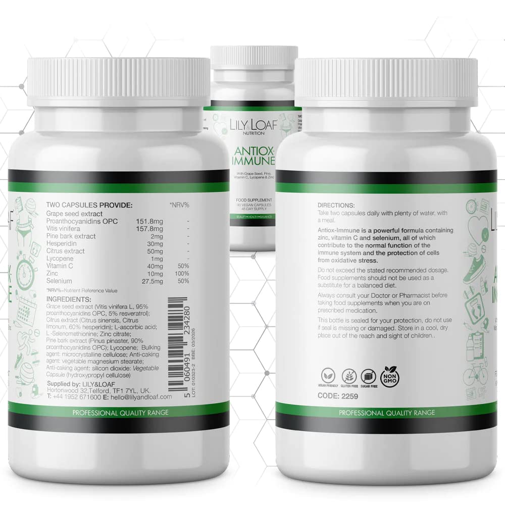 LILY & LOAF Antiox-Immune | Grapeseed, Zinc, Vitamin C, Lycopene | 90 Vegan Capsules | 45-Day Supply