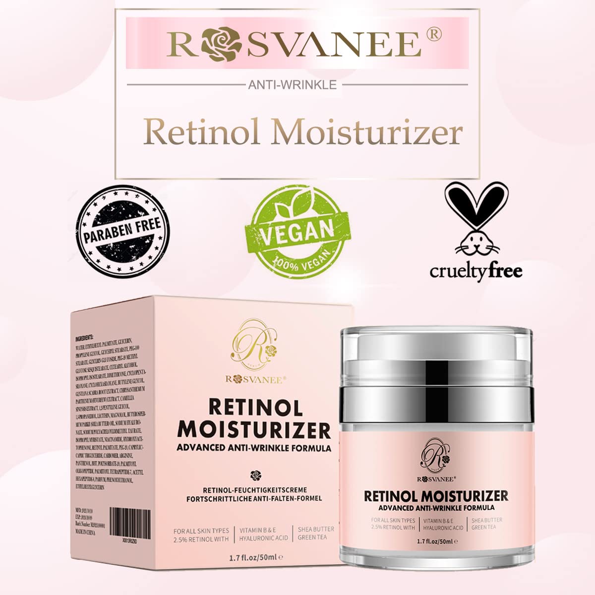 ROSVANEE Retinol Moisturizer Anti Aging Cream for Face, Neck and Eye with 2.5% Retinol, Hyaluronic Acid and Vitamins E & B5, Anti Wrinkle Deep Hydration Cream for Men & Women